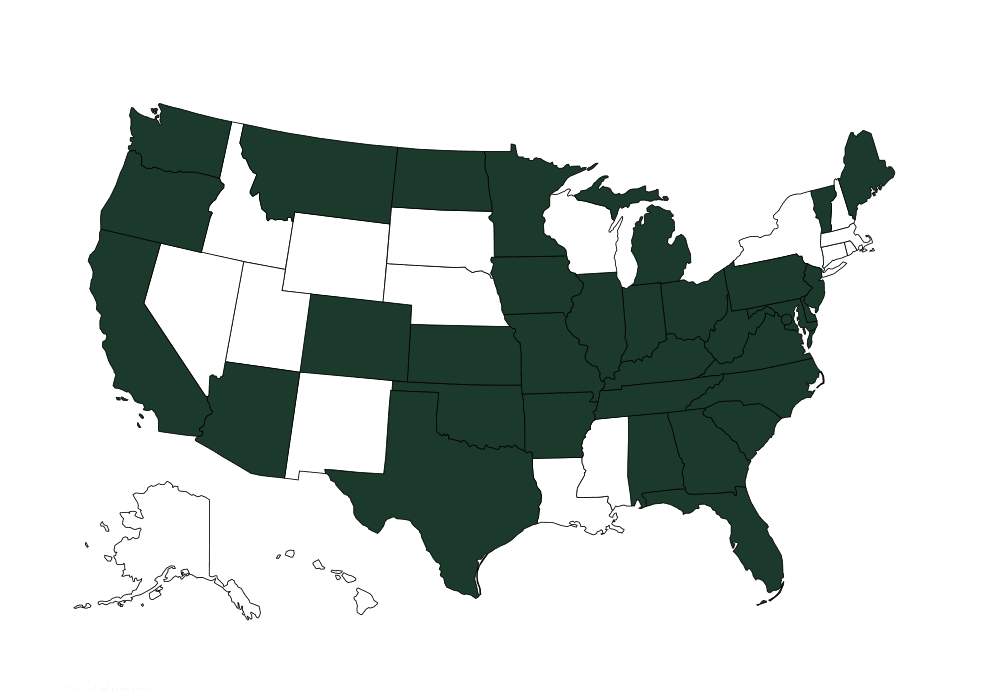 Map of active states license. Over 30 states are colored in green